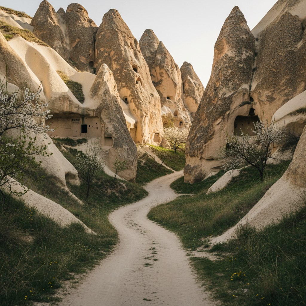 Güvercinlik vadisinin tüf kayalıkları arasında dar patika
