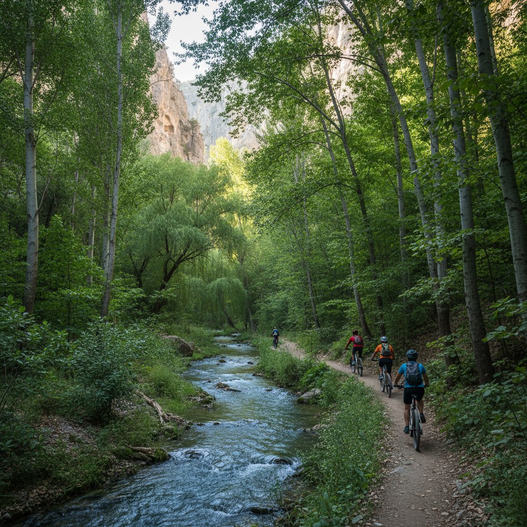 Ihlara Vadisi'nin tabanında, çayın yanında bisikletle ilerleyen küçük grup