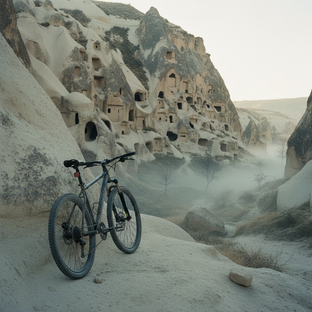 Sabahın erken saatlerinde Güvercinlik Vadisi'nde tüf duvarların önünde duran bisiklet